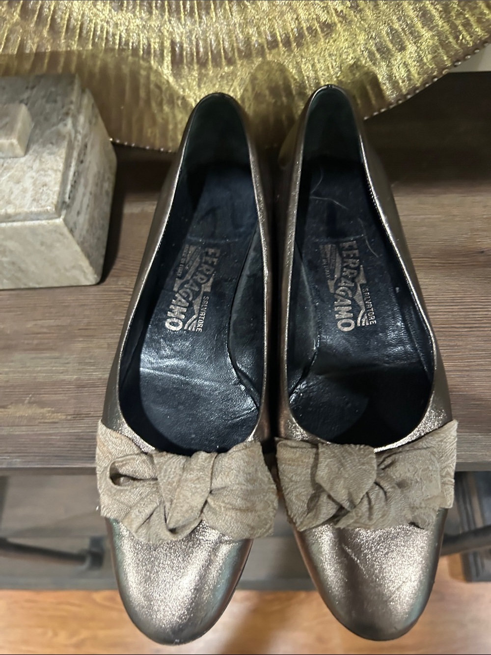 Salvatore Ferragamo Metallic Bronze Bow Ballet Flats